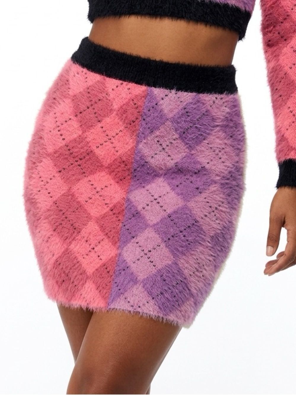 THE RAGGED PRIEST | Fuzzy Colorblock Pink Purple Argyle Skirt Women’s Size XS
